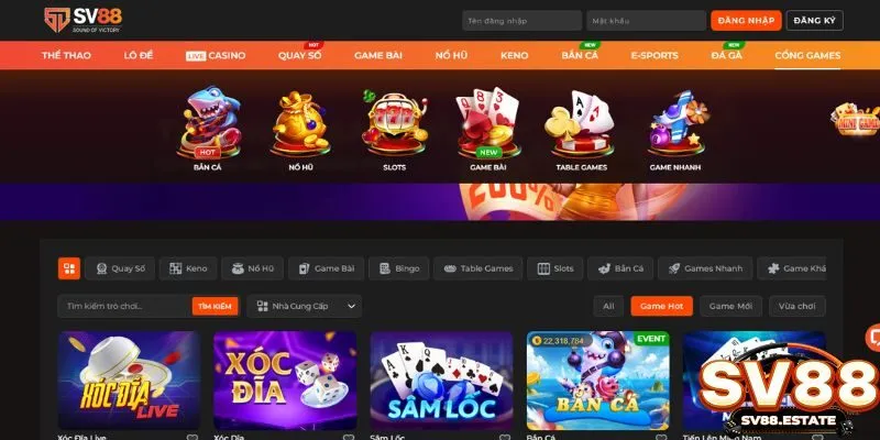 Các game cá cược hấp dẫn có mặt tại nhà cái sv88